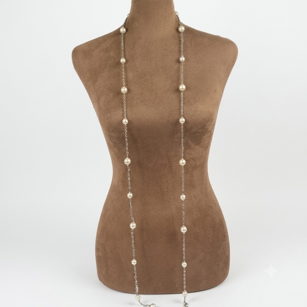 60 Inch Silver Tone Faux Pearl Station Rope Necklace Size 60 Cottagecore